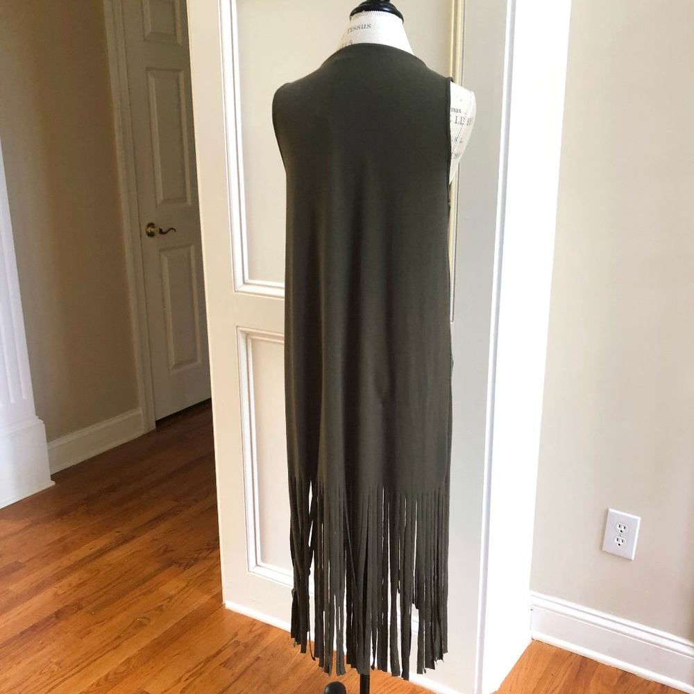 Long Fringe Vest Duster Front Pockets New Olive - Picture 7 of 8